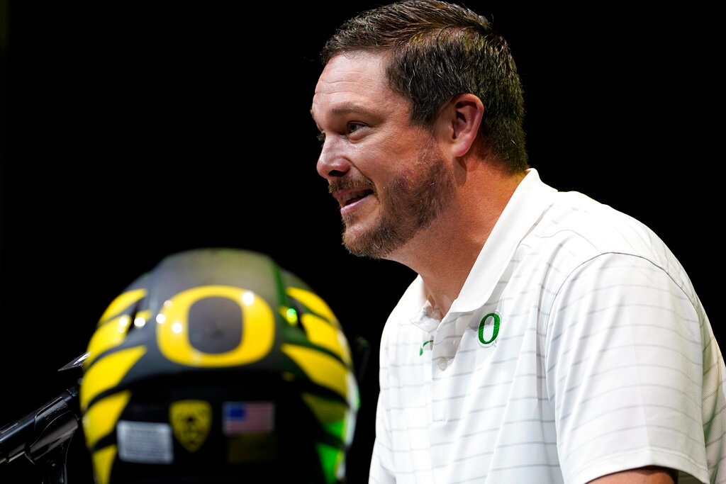 Oregon head coach Dan Lanning speaks during the Pac-12 Conference media day July 29, 2022, in Los Angeles. (AP Photo/Damian Dovarganes, File)
