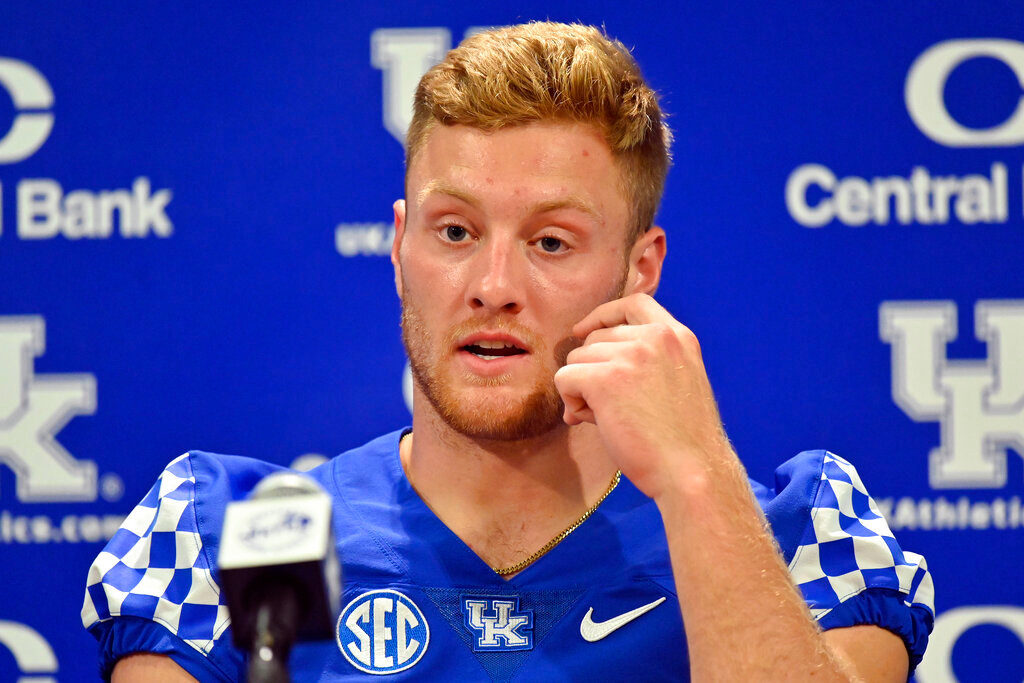 Kentucky quarterback Will Levis answers questions during the team's media day in Lexington, Ky., Aug. 3, 2022. (AP Photo/Timothy D. Easley, File)