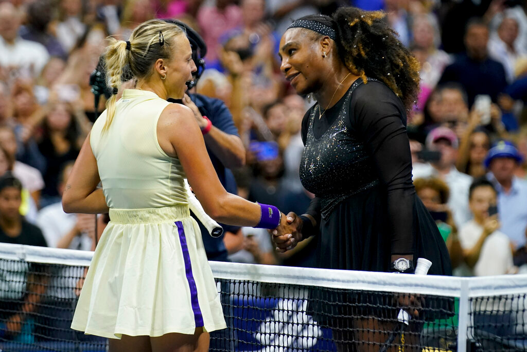 Serena Williams, right, greets Anett Kontaveit, of Estonia, after defeating Kontaveit during the second round of the U.S. Open, Wednesday, Aug. 31, 2022, in New York. (AP Photo/Seth Wenig)