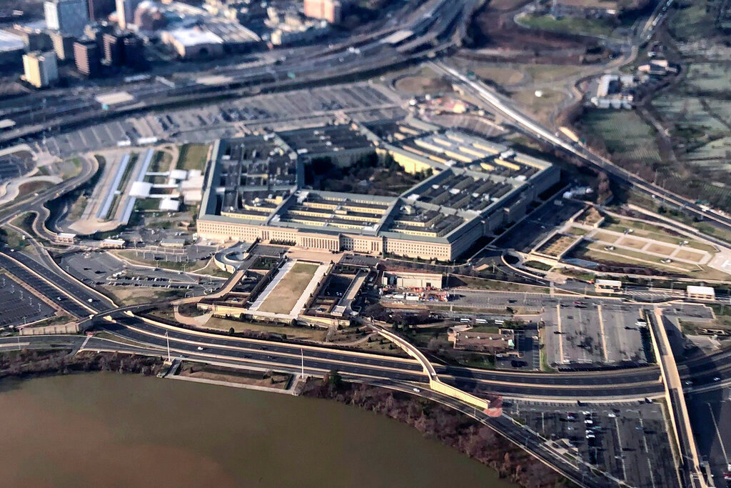 The Pentagon is seen in this aerial view made through an airplane window in Washington, Jan. 26, 2020. (AP Photo/Pablo Martinez Monsivais, File)