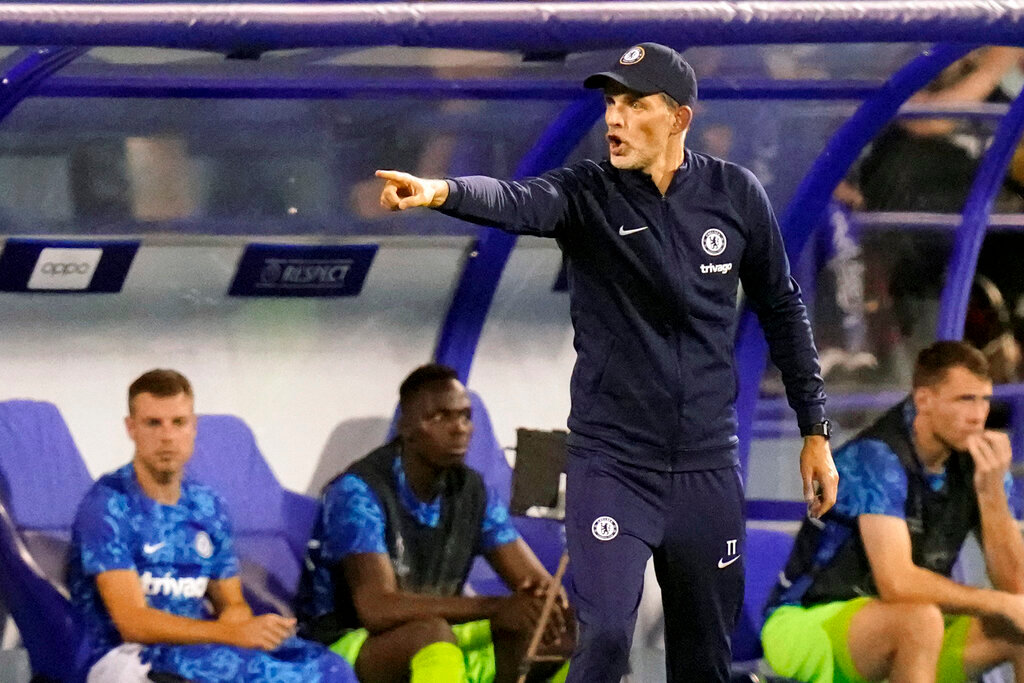 Chelsea head coach Thomas Tuchel shouts during the Champions League group E soccer match between Dinamo Zagreb and Chelsea at the Maksimir stadium in Zagreb, Croatia, Tuesday, Sept. 6, 2022. (AP Photo/Darko Bandic)