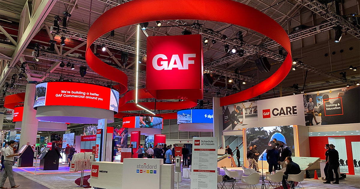 The GAF booth at the International Roofing Expo in New Orleans, Feb. 1, 2022. (Photo/GAF)