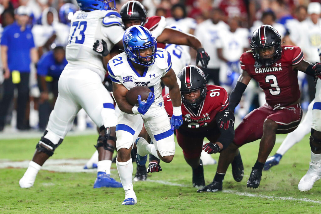 Georgia State running back Jamyest Williams (21) tries to get to the outside against South Carolina on Saturday, Sept. 3, 2022, in Columbia, S.C. (AP Photo/Artie Walker Jr.)