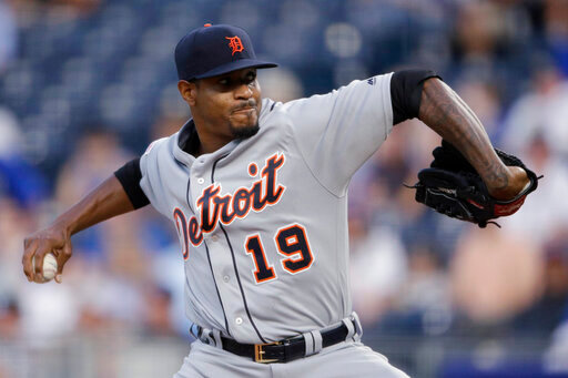 FILE - Detroit Tigers starting pitcher Edwin Jackson throws during the first inning of the team's baseball game against the Kansas City Royals on Sept. 4, 2019, in Kansas City, Mo. Jackson says 14 teams will be it.
The well-traveled pitcher, who spent 17 seasons in the majors, announced his retirement on Instagram on Friday — his 39th birthday and the 19th anniversary of his big league debut. Jackson played for a record 14 clubs, most recently in 2019 with Toronto and Detroit. (AP Photo/Charlie Riedel, File)