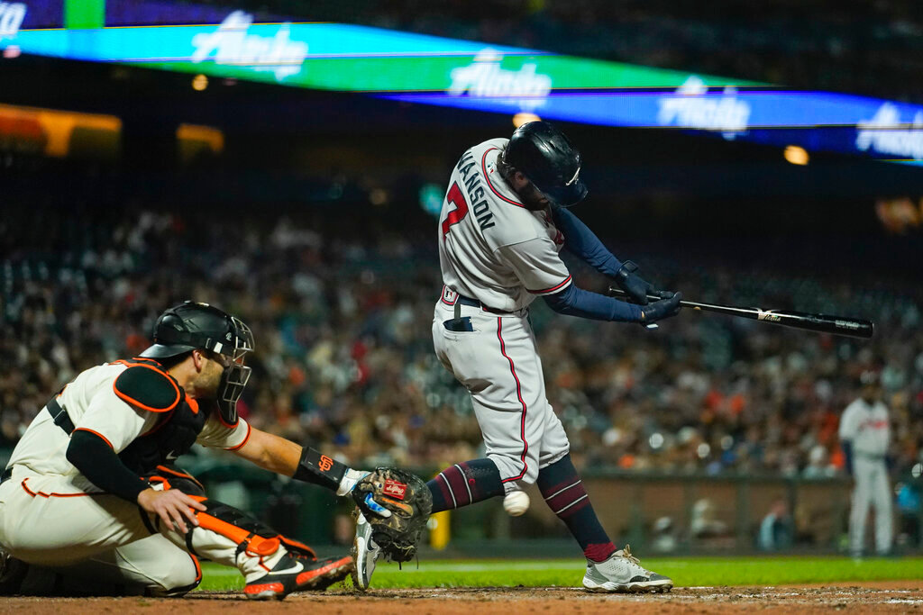 Atlanta Braves' Dansby Swanson (7) strikes out against the San Francisco Giants during the sixth inning in San Francisco, Monday, Sept. 12, 2022. (AP Photo/Godofredo A. Vásquez)