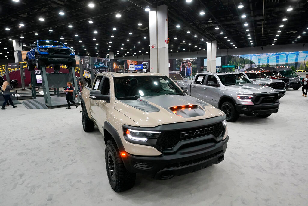 Dodge Ram pickup trucks during the media previews for the North American International Auto Show in Detroit, Wednesday, Sept. 14, 2022. (AP Photo/Paul Sancya)