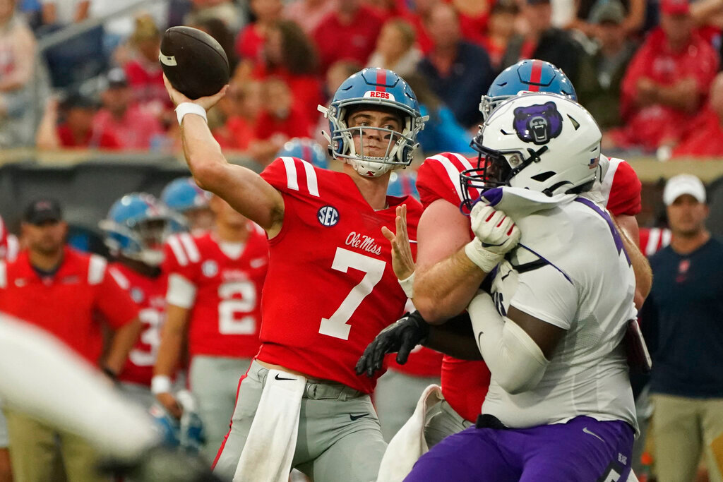 Mississippi quarterback Luke Altmyer (7) passes against Central Arkansas during the first half in Oxford, Miss., Saturday, Sept. 10, 2022. (AP Photo/Rogelio V. Solis)