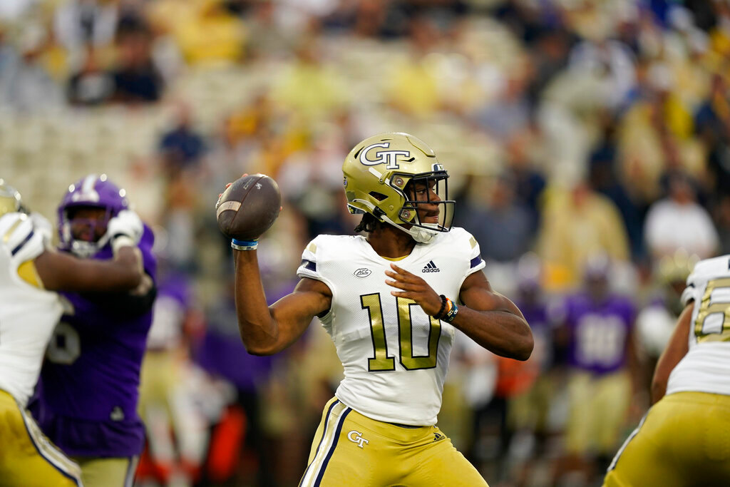 Georgia Tech quarterback Jeff Sims (10) sets to pass during the first half against Western Carolina, Saturday, Sept. 10, 2022, in Atlanta. (AP Photo/Brynn Anderson)