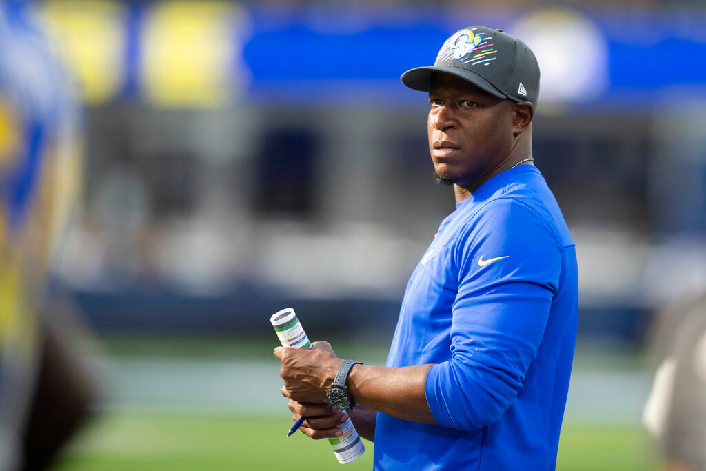 Los Angeles Rams defensive coordinator Raheem Morris watches players prepare for a game against the Arizona Cardinals on Oct. 3, 2021, in Inglewood, Calif. (AP Photo/Kyusung Gong, File)