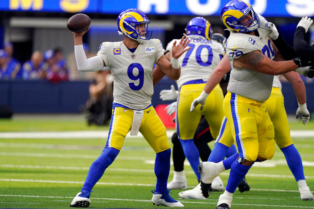 Los Angeles Rams quarterback Matthew Stafford throws a pass during the second half against the Atlanta Falcons, Sunday, Sept. 18, 2022, in Inglewood, Calif. (AP Photo/Mark J. Terrill)