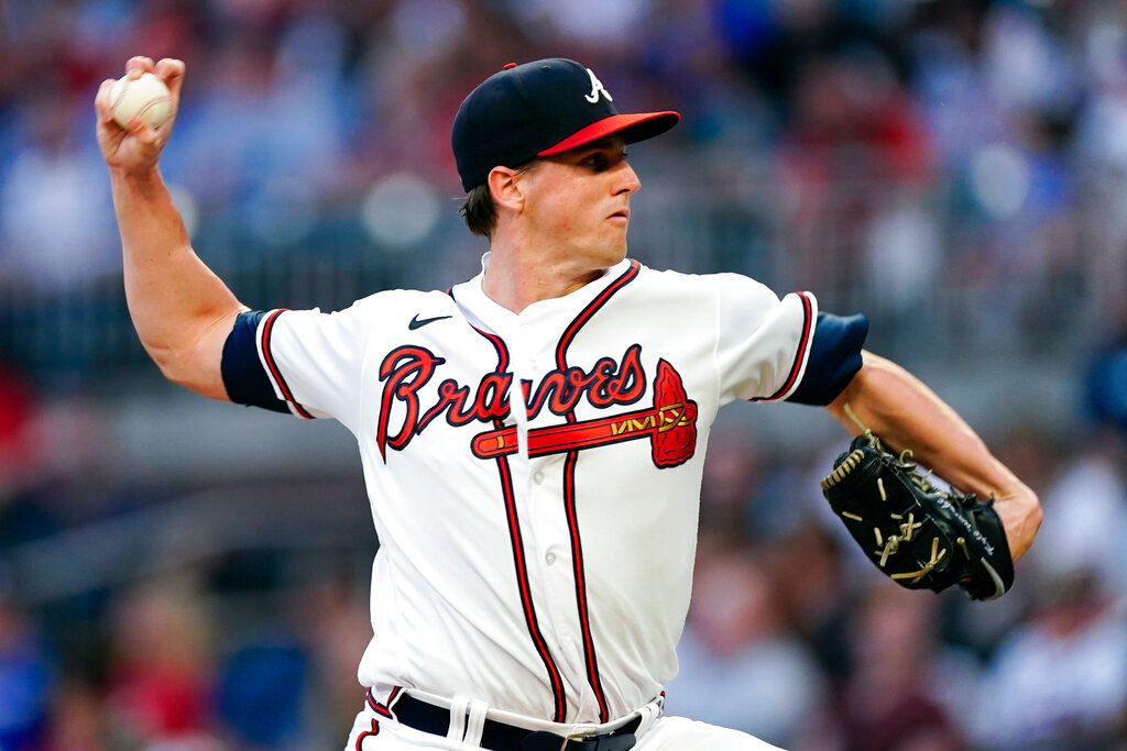 Atlanta Braves starting pitcher Kyle Wright works in the first inning against the Washington Nationals, Monday, Sept. 19, 2022, in Atlanta. (AP Photo/John Bazemore)