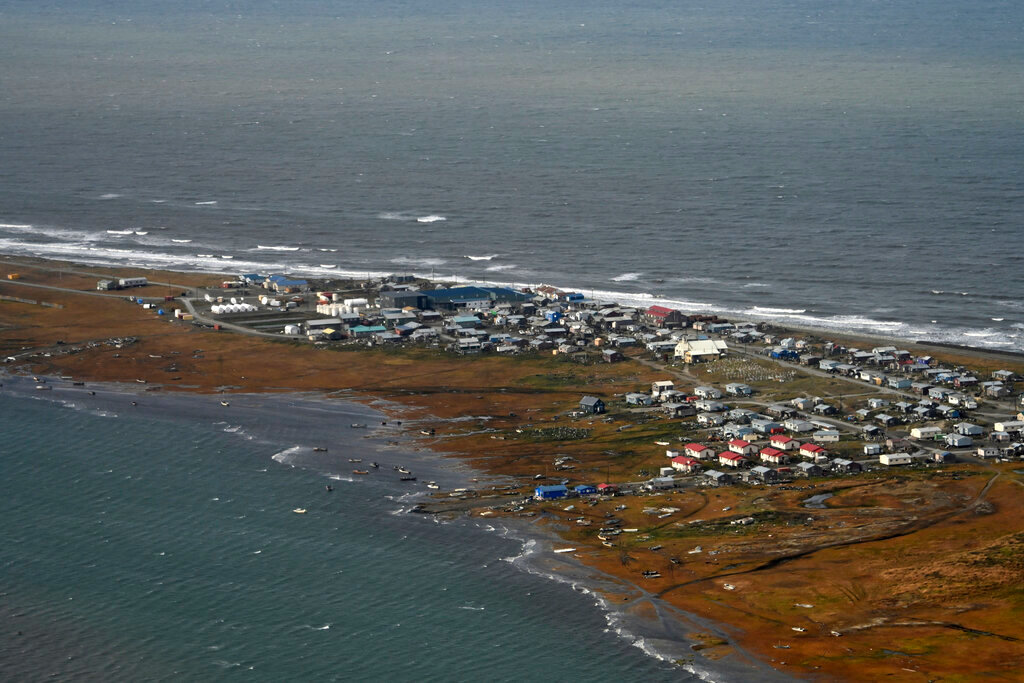 An aerial view taken during a search and rescue and damage assessment in Deering, Alaska, shows the damage caused by Typhoon Merbok, on Sept. 18, 2022. (Petty Officer 3rd Class Ian Gray/U.S. Coast Guard via AP)
