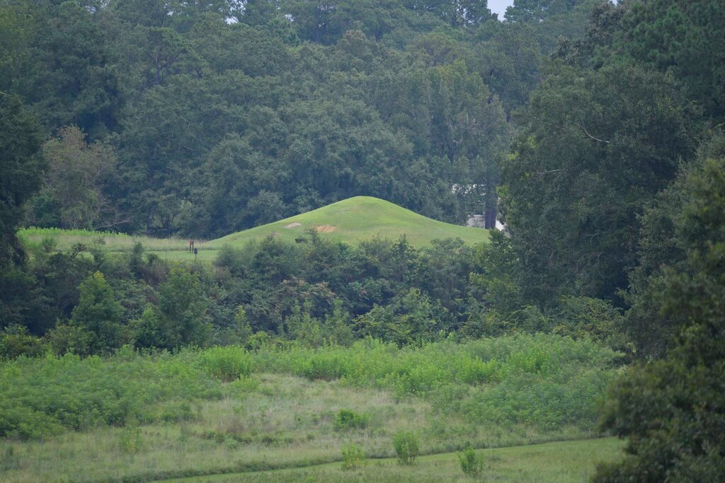 The remains of a funeral mound at the Ocmulgee Mounds National Historical Park in Macon, Ga., on Aug. 22, 2022. (AP Photo/Sharon Johnson)