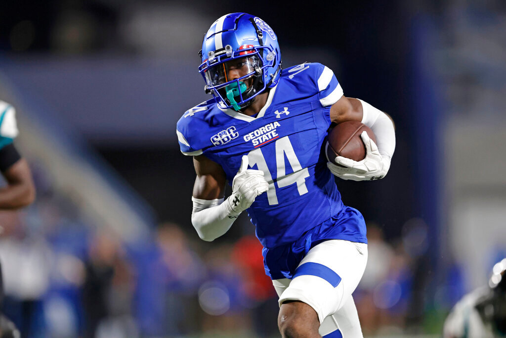 Georgia State wide receiver Robert Lewis (14) runs for a touchdown during the first half against Coastal Carolina on Thursday, Sept. 22, 2022, in Atlanta. (AP Photo/Stew Milne)
