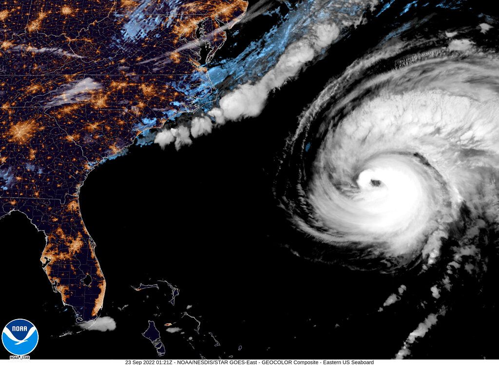 This satellite view shows Hurricane Fiona moving up the United States' Atlantic coast, Thursday night, Sept. 22, 2022. (NOAA via AP)