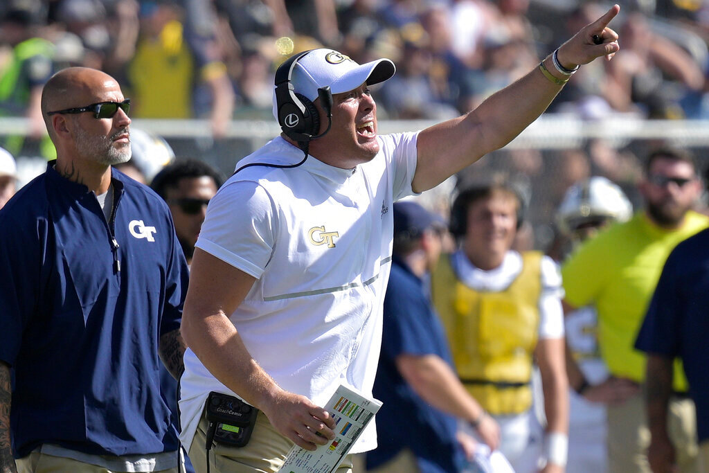 Georgia Tech head coach Geoff Collins reacts on the sideline after a play during the first half against Central Florida, Saturday, Sept. 24, 2022, in Orlando, Fla. (AP Photo/Phelan M. Ebenhack)