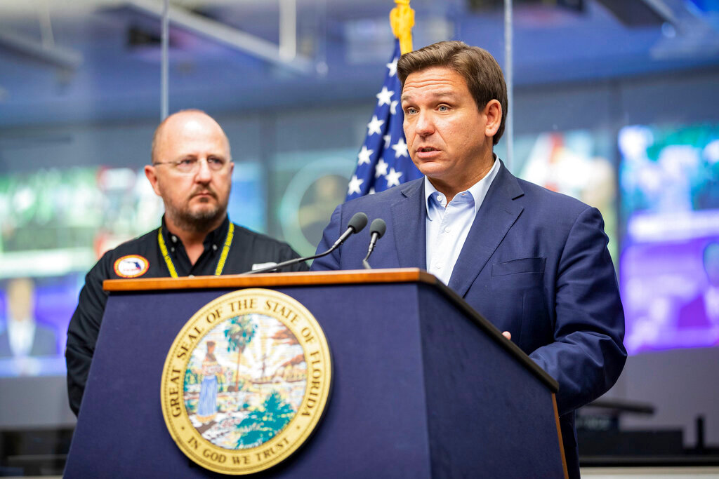 Florida Gov. Ron DeSantis speaks during a news conference at the Emergency Operations Center in Tallahassee, Fla. Sunday, Sept. 25, 2022. (Alicia Devine/Tallahassee Democrat via AP)