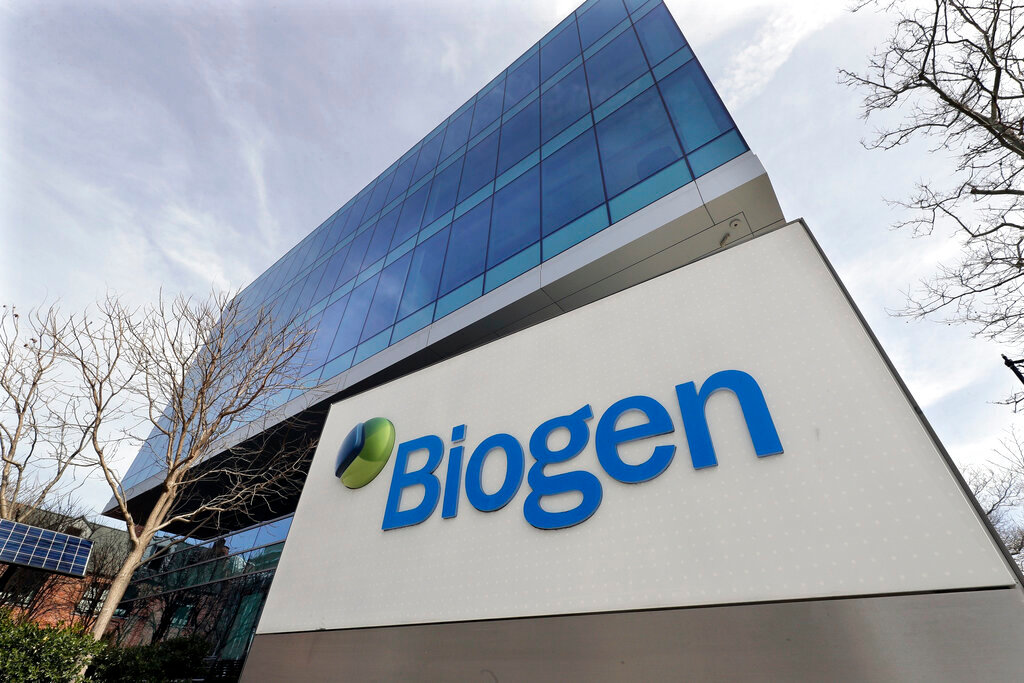 The Biogen Inc., headquarters is shown March 11, 2020, in Cambridge, Mass.  (AP Photo/Steven Senne, File)
