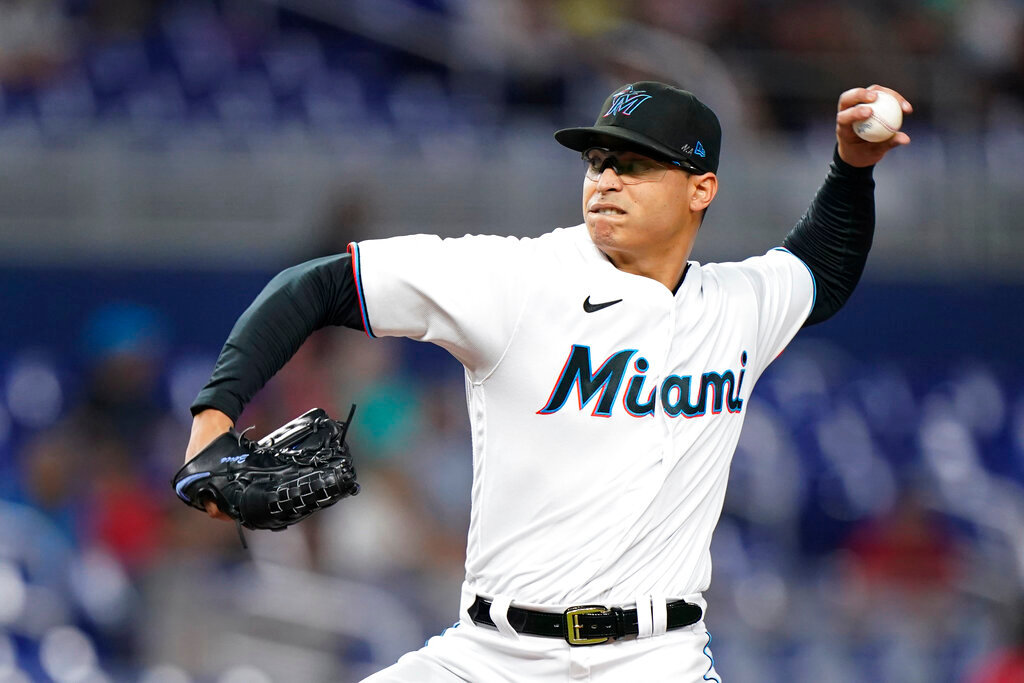 Miami Marlins' Jesus Luzardo delivers a pitch during the first inning against the Atlanta Braves, Monday, Oct. 3, 2022, in Miami. (AP Photo/Wilfredo Lee)