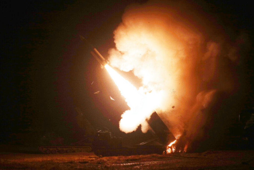 In this photo provided by South Korea Defense Ministry, an Army Tactical Missile System or ATACMS, missile is fired during a joint military drill between U.S. and South Korea at an undisclosed location in South Korea, Wednesday, Oct. 5, 2022. (South Korea Defense Ministry via AP)