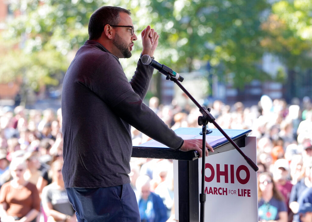 Aaron Baer, president of the Center for Christian Virtue, speaks during the “Ohio March for Life” to support ending abortion access in Ohio at the Statehouse in Columbus, Ohio on Wednesday, Oct. 5, 2022. (Barbara Perenic /The Columbus Dispatch via AP)