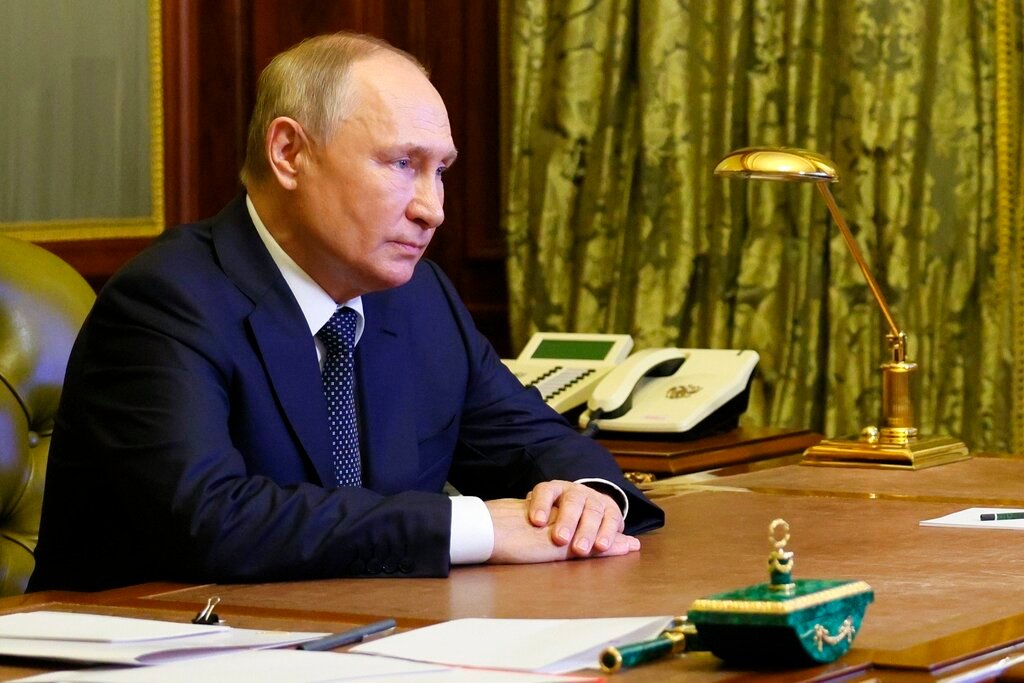 Russian President Vladimir Putin chairs a Security Council meeting via videoconference in St. Petersburg, Russia, Monday, Oct. 10, 2022. (Gavriil Grigorov, Sputnik, Kremlin Pool Photo via AP)