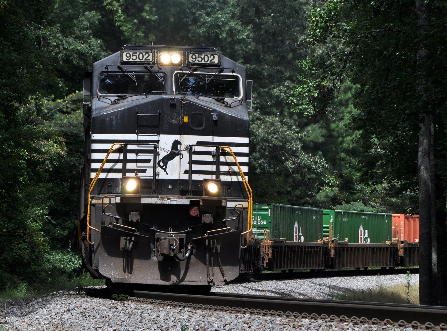 A Norfolk Southern freight train rolls through the rural countryside in Dallas, Ga., Sept. 1, 2019. (Christian Index/Henry Durand)