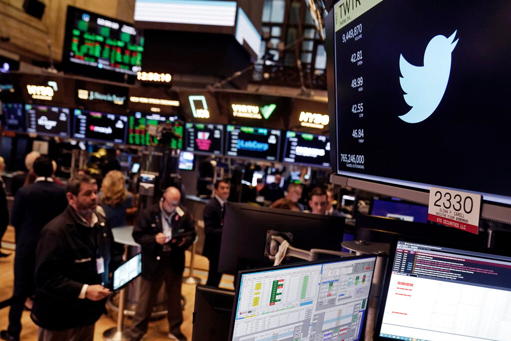 The symbol for Twitter appears above a trading post on the floor of the New York Stock Exchange, Oct. 4, 2022. (AP Photo/Seth Wenig, File)