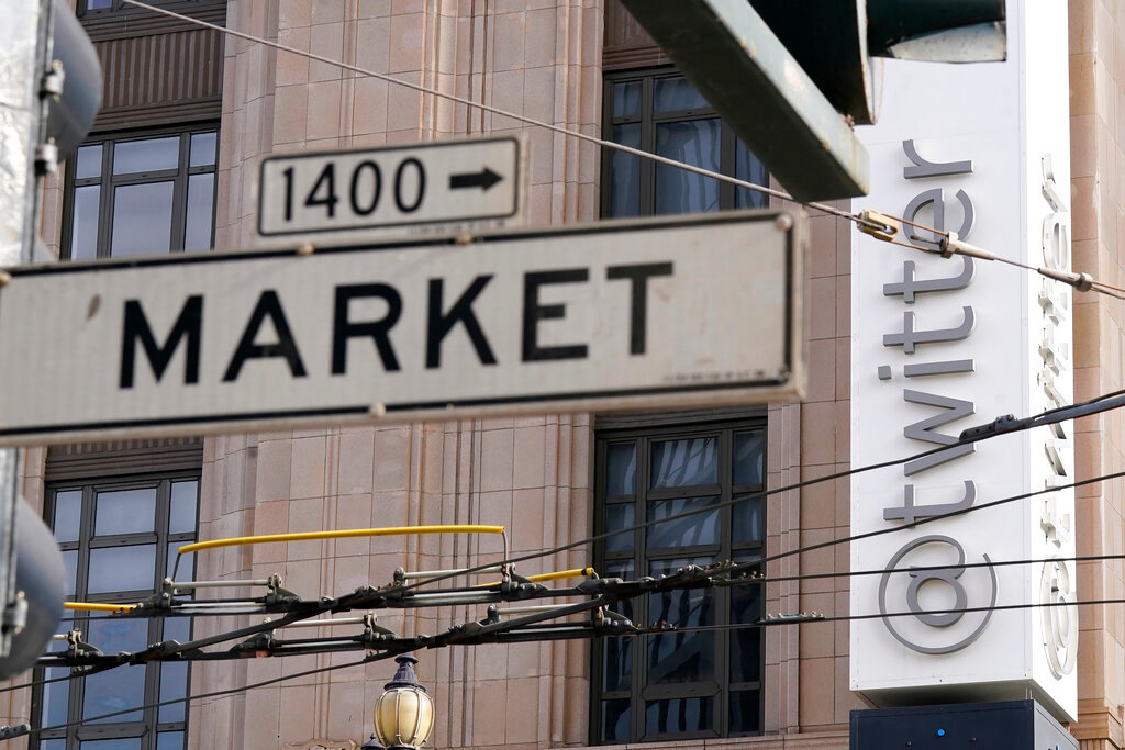 A Market Street sign is shown in front of Twitter headquarters in San Francisco, Friday, Oct. 28, 2022. (AP Photo/Jeff Chiu)