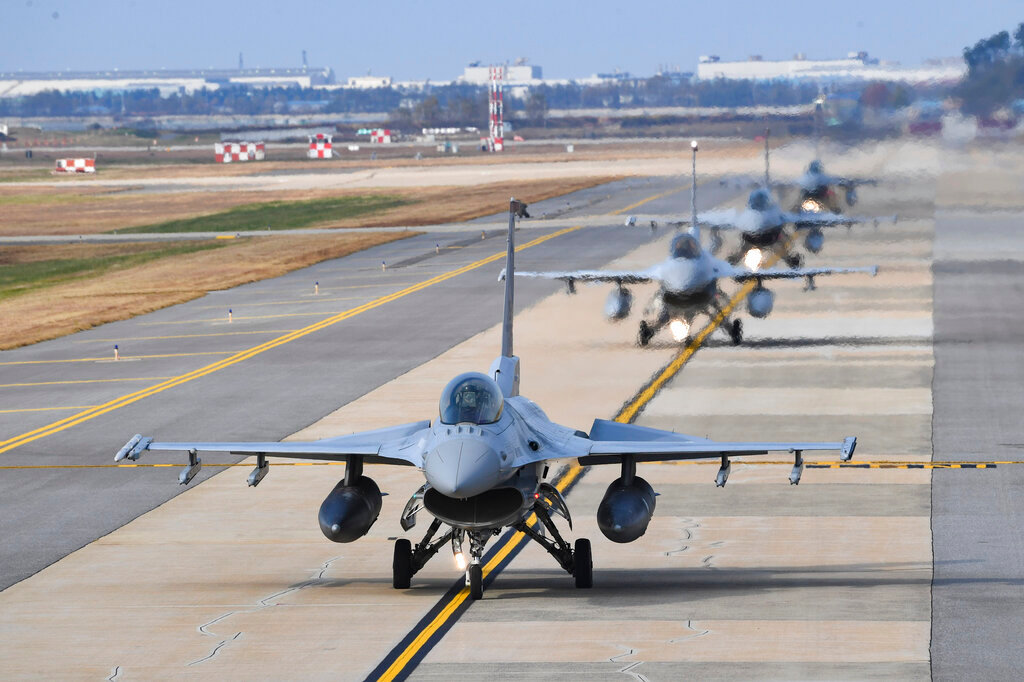 South Korean Air Force KF-16 fighters prepare to take off during joint aerial drills called Vigilant Storm between U.S and South Korea, in Gunsan, South Korea, Monday, Oct. 31, 2022. (South Korea Defense Ministry via AP)