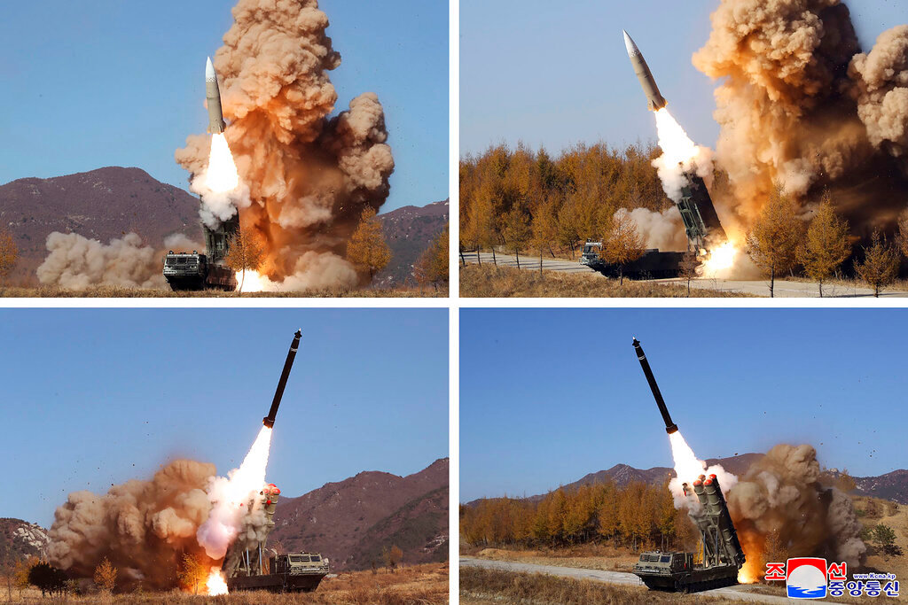 This combination of photos provided by the North Korean government, shows what they say military operation held during Nov. 2-5, 2022, in North Korea. (Korean Central News Agency/Korea News Service via AP)