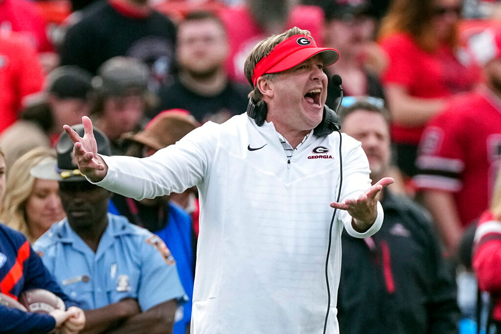 Georgia head coach Kirby Smart reacts on the sideline during the second half against Georgia Tech, Saturday, Nov. 26, 2022, in Athens, Ga. (AP Photo/John Bazemore)