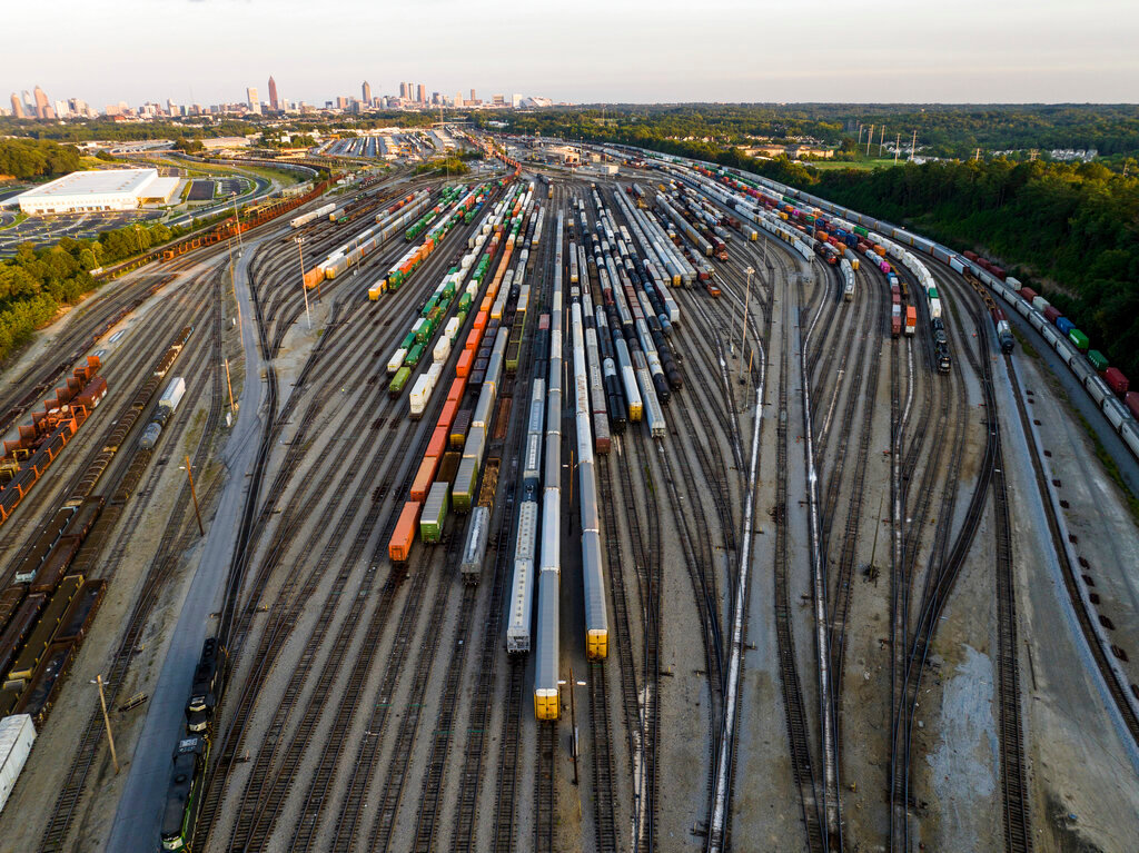 Freight train cars sit in a Norfolk Southern rail yard on Sept. 14, 2022, in Atlanta. (AP Photo/Danny Karnik, File)