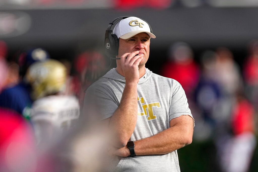 Georgia Tech interim head coach Brent Key looks on from the sideline during the second half of an NCAA college football game against Georgia, Nov. 26, 2022, in Athens, Ga. (AP Photo/John Bazemore)