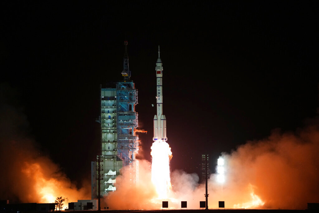 The manned spaceship Shenzhou-15, atop the Long March-2F Y15 carrier rocket, blasts off from the Jiuquan Satellite Launch Center in northwestern China on Tuesday, Nov. 29, 2022. (Li Gang/Xinhua via AP)