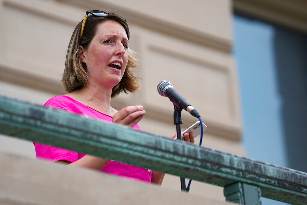 Dr. Caitlin Bernard speaks during an abortion rights rally on June 25, 2022, at the Indiana Statehouse in Indianapolis. (Jenna Watson/The Indianapolis Star via AP, File)