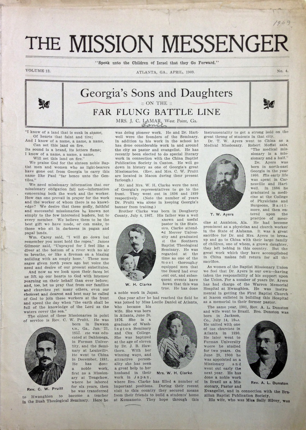 A 1909 edition of the W.M.U. Missionary Messenger featuring Georgia's foreign missionaries, including C.W. Pruitt and Dr. Ayers.