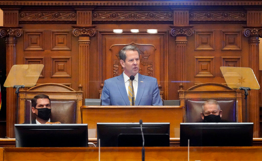 Georgia Gov. Brian Kemp is shown delivering a State of the State address to a joint session of the House and Senate in this file photo from 2021. The 2023 legislative sessions begins on Jan. 9.  (AP Photo/John Bazemore)
