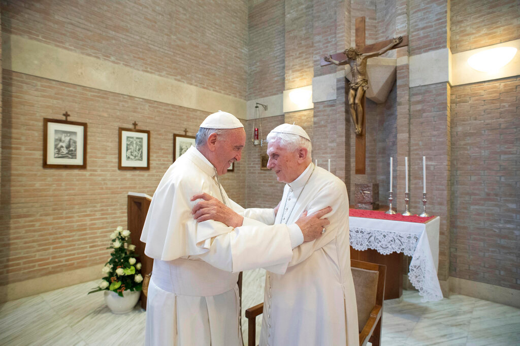 Pope Francis, left, embraces Emeritus Pope Benedict XVI, at the Vatican, June 28, 2017. Pope Francis on Wednesday, Dec. 28, 2022, said his predecessor, Pope Emeritus Benedict XVI, is “very sick," and he asked the faithful to pray for the retired pontiff. (L'Osservatore Romano/Pool Photo via AP, File)