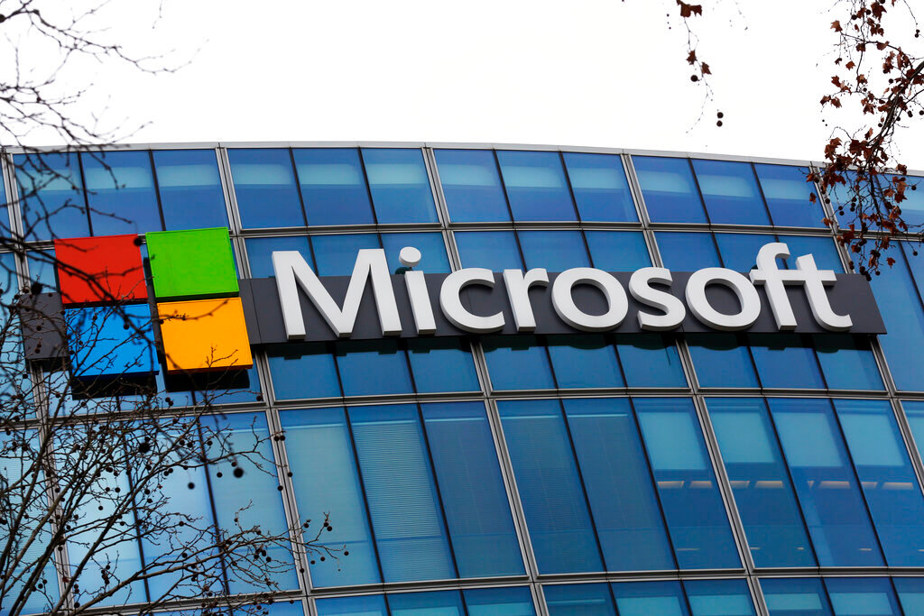 The Microsoft logo is pictured at the company's Paris headquarters Jan. 8, 2021. (AP Photo/Thibault Camus, File)