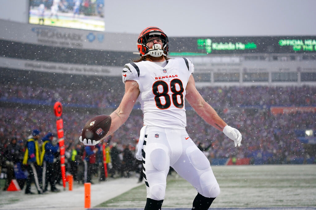 Cincinnati Bengals tight end Hayden Hurst (88) reacts after scoring a touchdown against the Buffalo Bills during the first quarter of an NFL division round game Sunday, Jan. 22, 2023, in Orchard Park, N.Y. (AP Photo/Seth Wenig)