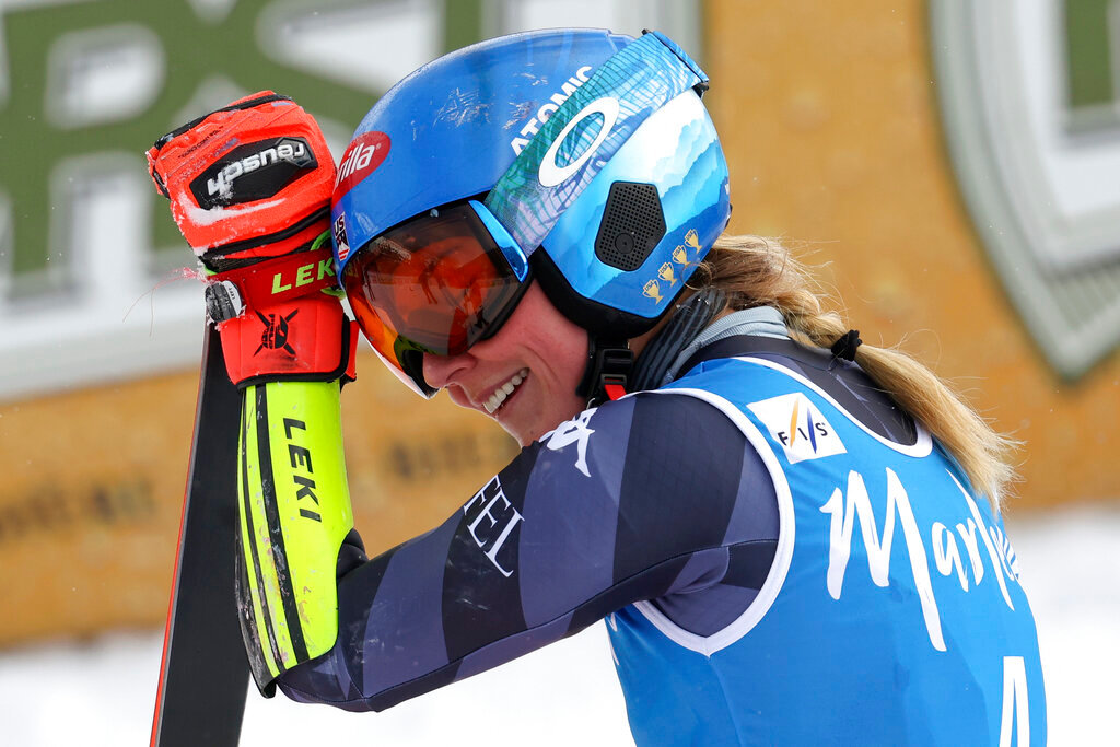 Mikaela Shiffrin reacts after winning the women's World Cup giant slalom in Kronplatz, Italy, Tuesday, Jan. 24, 2023. Shiffrin won a record 83rd World Cup race Tuesday. (AP Photo/Alessandro Trovati)