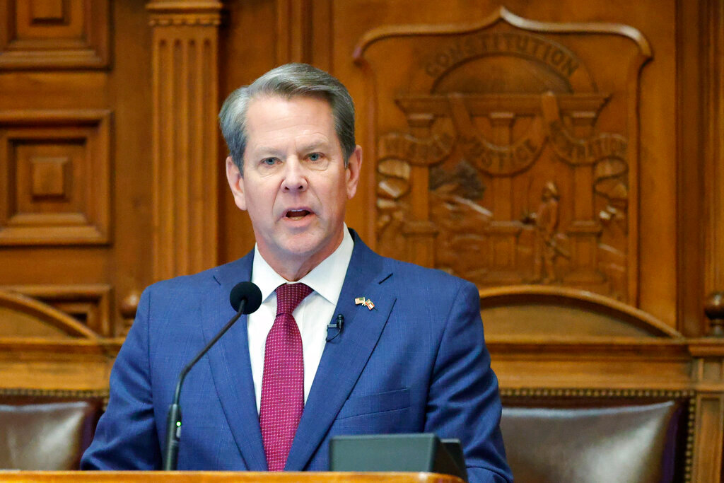 Gov. Brian Kemp delivers the State of the State address on the House floor of the state Capitol on Wednesday, Jan. 25, 2023, in Atlanta. (AP Photo/Alex Slitz)