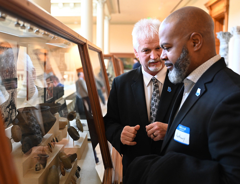 Georgia Baptist Convention Second Vice President Anthony Wilson and Oconee Church pastor Jeff Graham, left, look at a display in the Capitol museum during Pastors Day at the Capitol, organized by the Georgia Baptist Mission Board's Public Affairs Ministry, Thursday, Jan. 26, 2023, in Atlanta. (Index/Henry Durand)