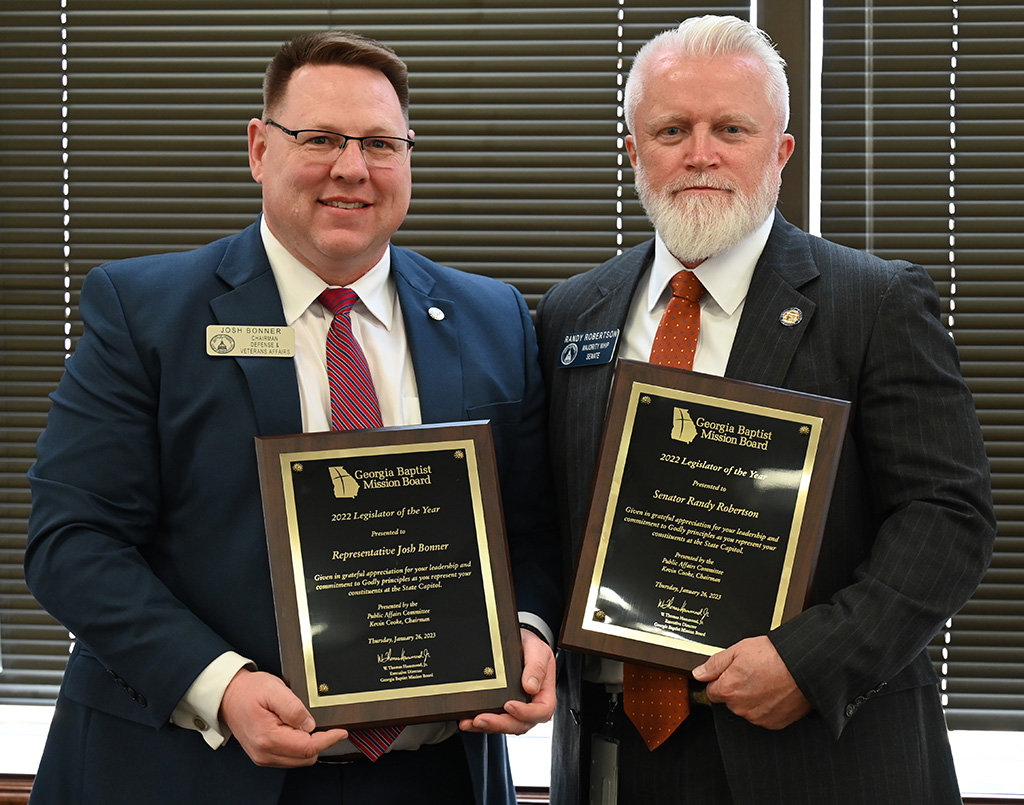 State Rep. Josh Bonner and Sen. Randy Robertson, right, pose with the 2022 Legislator of the Year Awards during a presentation at the Capitol in Atlanta, Thursday, Jan. 26, 2023. (Index/Henry Durand)