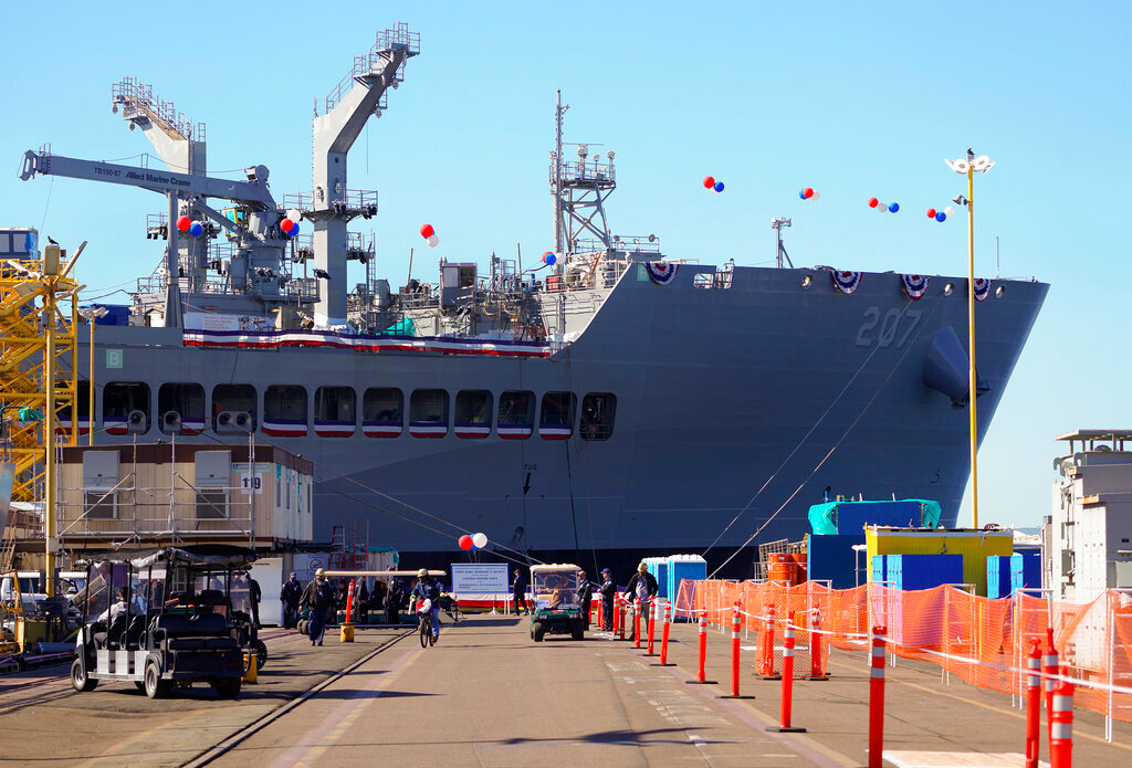 The USNS Earl Warren is seen on Saturday, Jan. 21, 2023, in San Diego, as she is christened by Supreme Court Justice Elena Kagan. (Nelvin C. Cepeda/The San Diego Union-Tribune via AP)