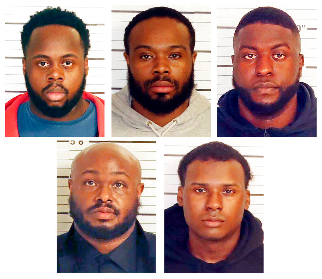 This combo of booking images provided by the Shelby County Sheriff's Office shows, from top row from left, Tadarrius Bean, Demetrius Haley, Emmitt Martin III, bottom row from left, Desmond Mills, Jr. and Justin Smith. The five former Memphis police officers have been charged with second-degree murder and other crimes in the arrest and death of Tyre Nichols. (Shelby County Sheriff's Office via AP)