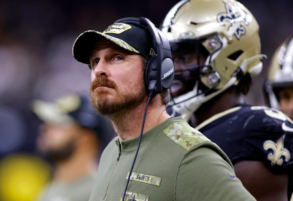 New Orleans Saints defensive line coach Ryan Nielsen reacts to a call during a game against the Atlanta Falcons, Nov. 7, 2021, in New Orleans. (AP Photo/Tyler Kaufman, File)