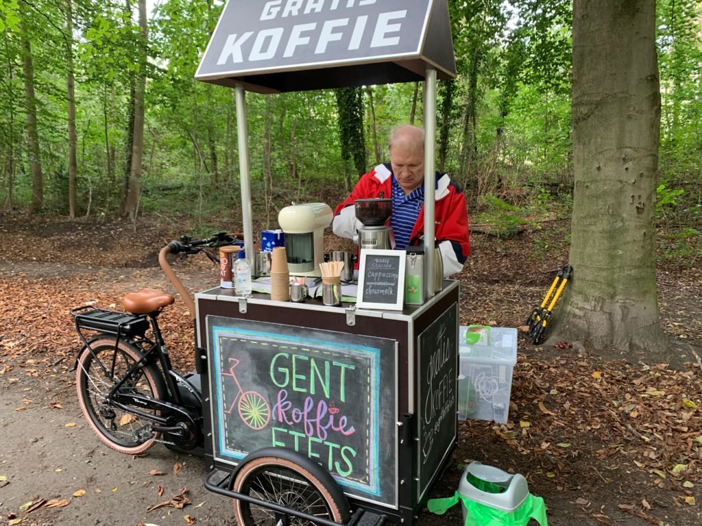 Don Lynch, an IMB missionary in Ghent, Belgium, prepares a cup of coffee. The Lynches use the coffee cart to build relationships and share about Christ. (Photo/International Mission Board)