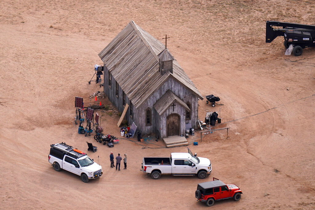 This aerial photo shows the movie set of  "Rust" at Bonanza Creek Ranch in Santa Fe, N.M., on Oct. 23, 2021. Prosecutors announced Thursday, Jan. 19, 2023, they are charging actor and producer Alec Baldwin with involuntary manslaughter in the fatal shooting of a cinematographer on the movie set. (AP Photo/Jae C. Hong, File)
